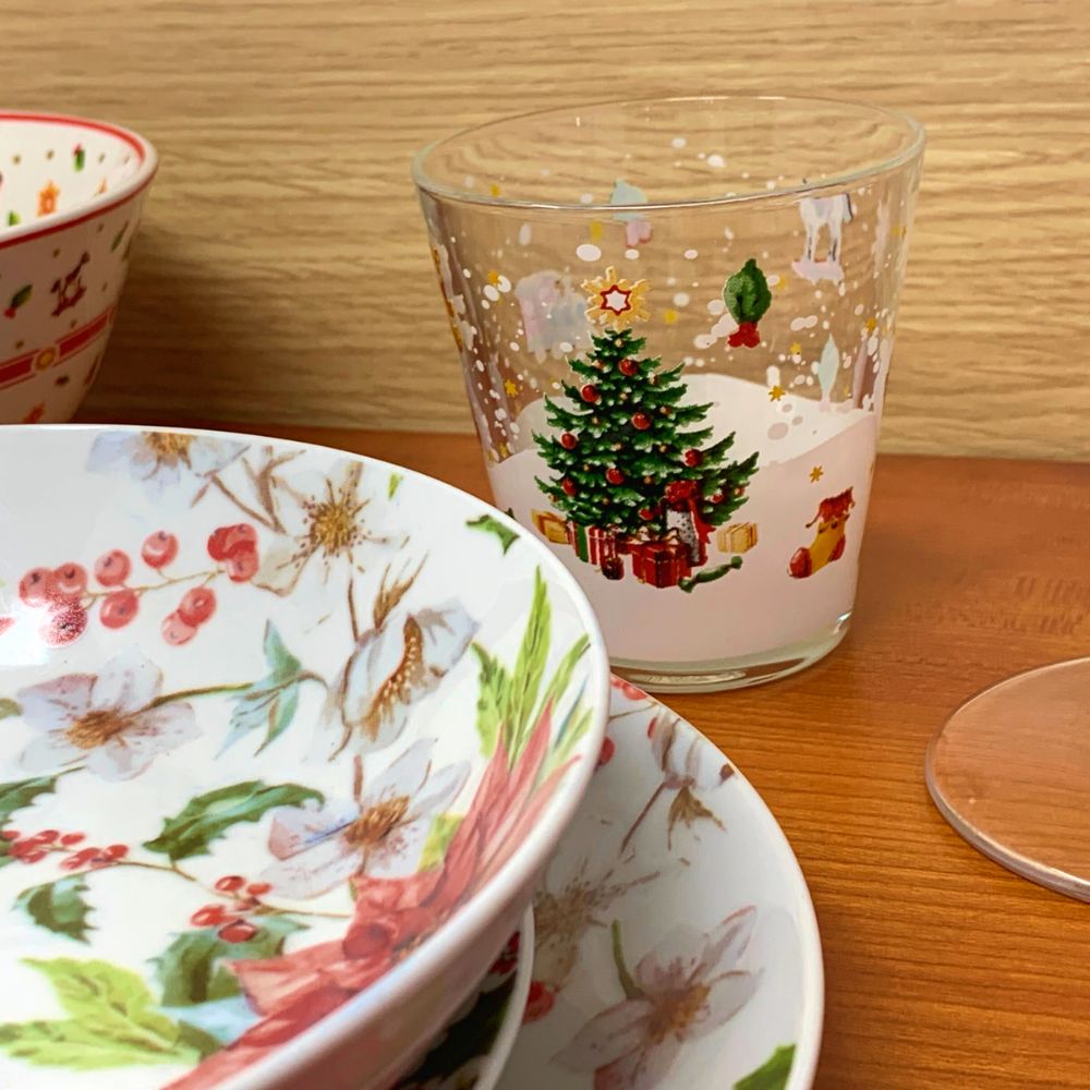 Set 6 bicchieri natalizi acqua in vetro, 27CL, bicchieri colorati acqua bibite, fantasia albero natale