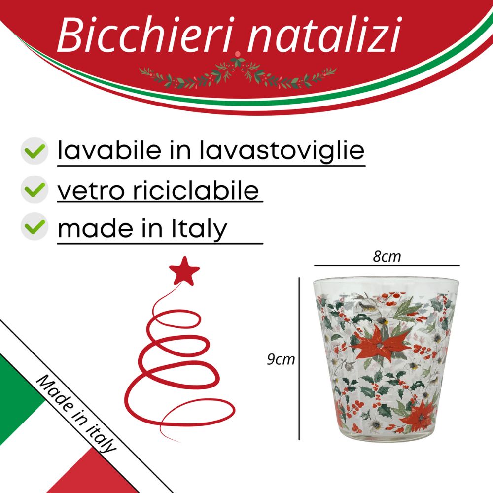 Set 6 bicchieri natalizi, bicchieri acqua vetro, 27CL, bicchieri colorati acqua fantasia vischio, lavabili in lavastoviglie, vetro riciclabile, Made In Italy, misura 8cm x 9cm