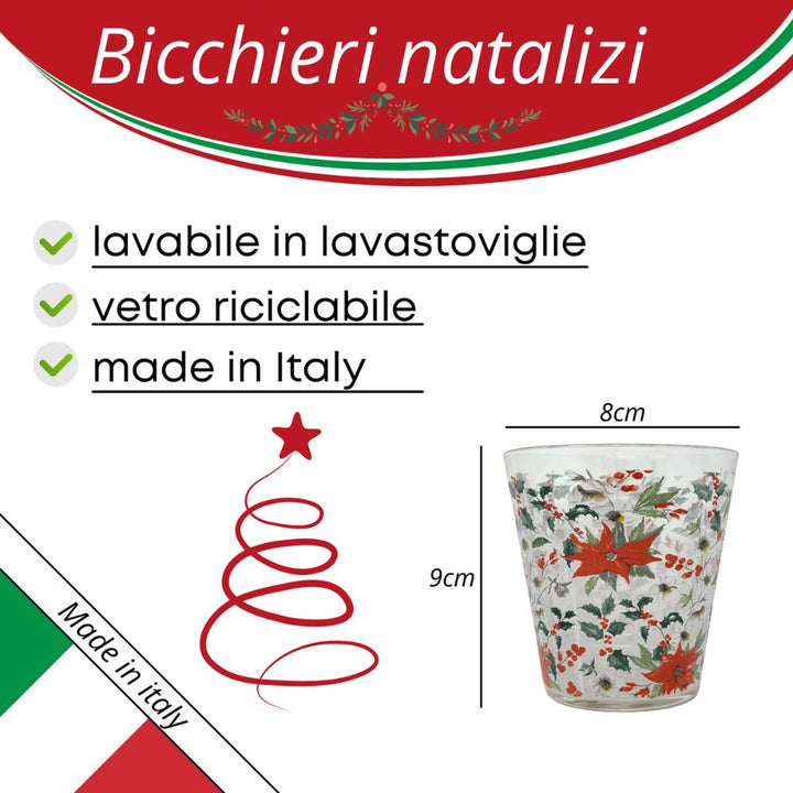 Set 6 bicchieri natalizi, bicchieri acqua vetro, 27CL, bicchieri colorati acqua fantasia vischio, lavabili in lavastoviglie, vetro riciclabile, Made In Italy, misura 8cm x 9cm