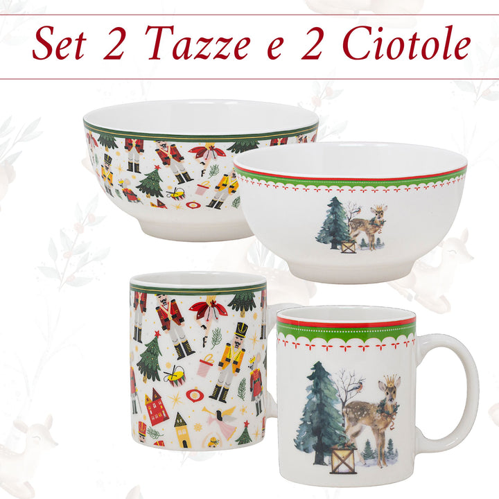 Set 2 Mug + 2 Ciotole 310 ml – Renne e Schiaccianoci | Colazioni in Festa