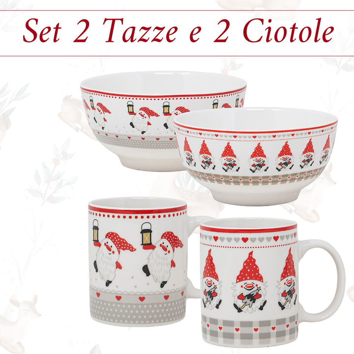 Set 2 Mug + 2 Ciotole 310 ml – Gnomi | Colazioni in Festa