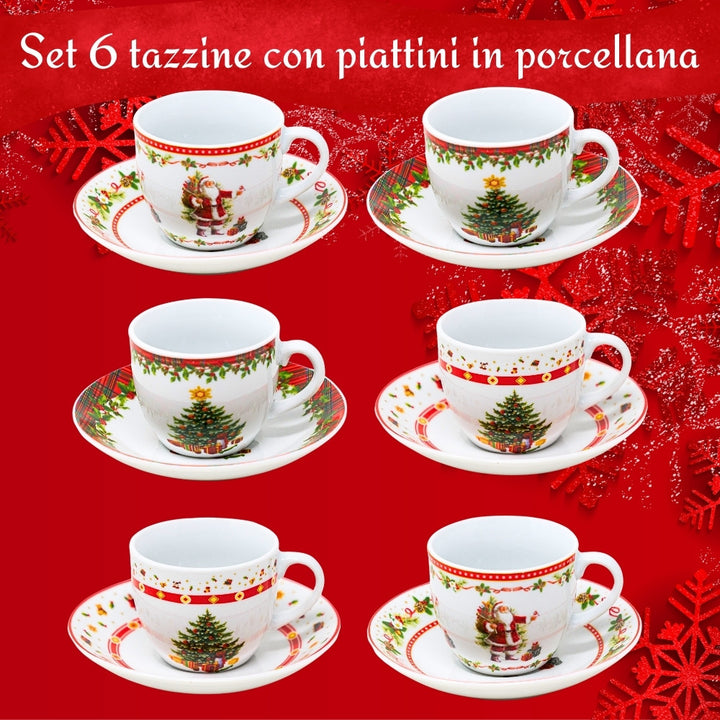 Set 6 tazzine natalizie illustrate con piattino