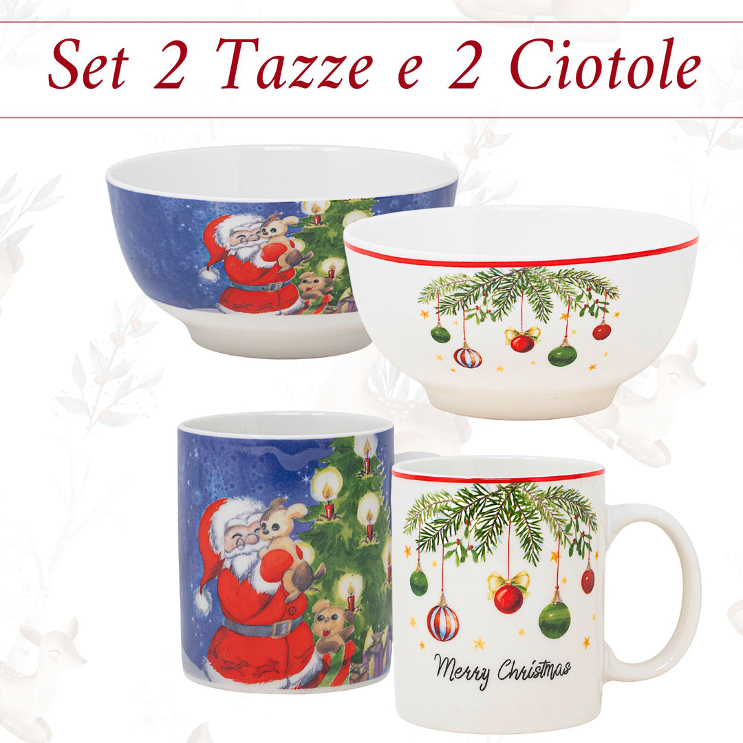 Set 2 Mug + 2 Ciotole 310 ml – Santa Claus + Vischio | Colazioni in Festa