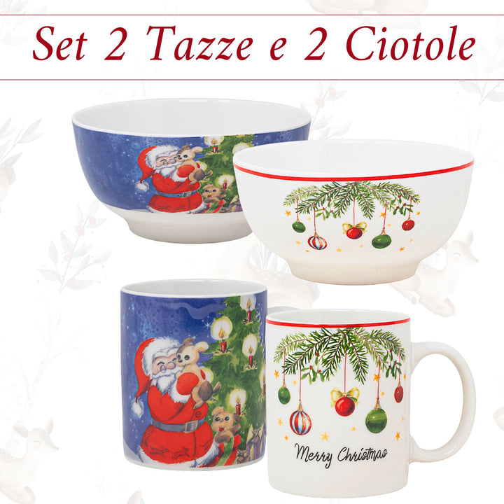 Set 2 Mug + 2 Ciotole 310 ml – Santa Claus + Vischio | Colazioni in Festa