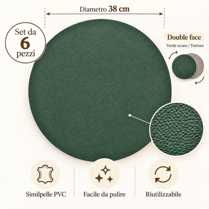 Set 6 Sottopiatti Tondi Similpelle | Tortora/Verdone