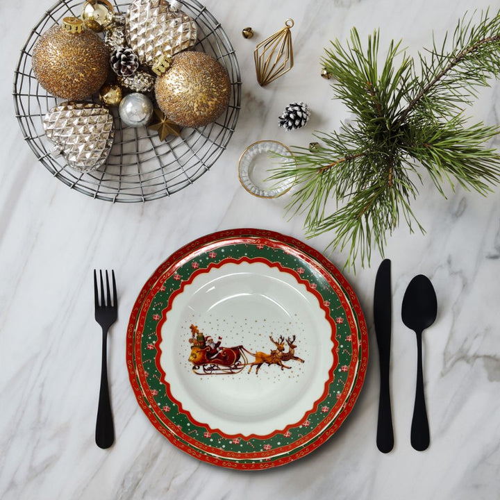 Tavola natale, set servizio piatti natalizi 18 pezzi in porcellana bianca, 6 fondi 6 piani 6 piccoli, fantasia babbo natale con la slitta e le renne