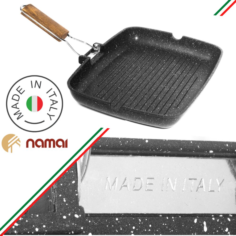 Padella antiaderente rettangolare con fondo a griglia per cucinare senza olio e grassi, made in Italy