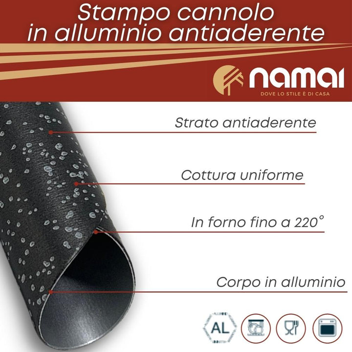 Stampo per cannolo siciliano in alluminio antiaderente. Cottura uniforme, in forno fino a 220 gradi.