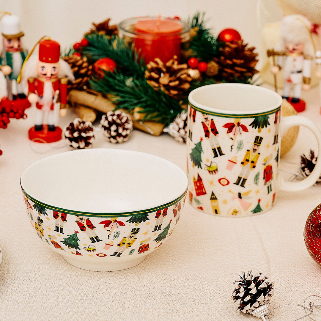 Set 2 Mug + 2 Ciotole 310 ml – Renne e Schiaccianoci | Colazioni in Festa