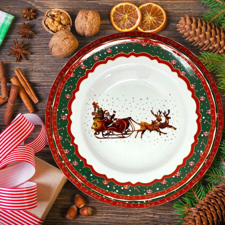 Tavola natalizia, servizio piatti natalizi 18 pezzi in porcellana bianca, 6 fondi 6 piani 6 piccoli, fantasia babbo natale con la slitta e le renne
