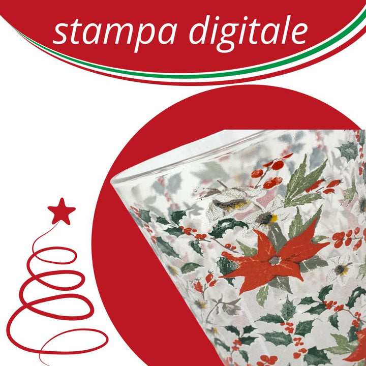 Set 6 bicchieri natalizi, bicchieri acqua vetro, 27CL, bicchieri colorati acqua fantasia vischio, lavabili in lavastoviglie, vetro riciclabile, Made In Italy, misura 8cm x 9cm, stampa digitale alta definizione