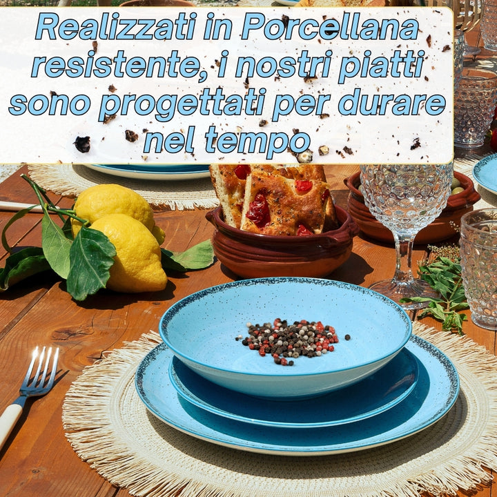 Servizio Piatti 18 Pezzi in Porcellana – Celeste con Effetto Granuli | Collezione Pepper