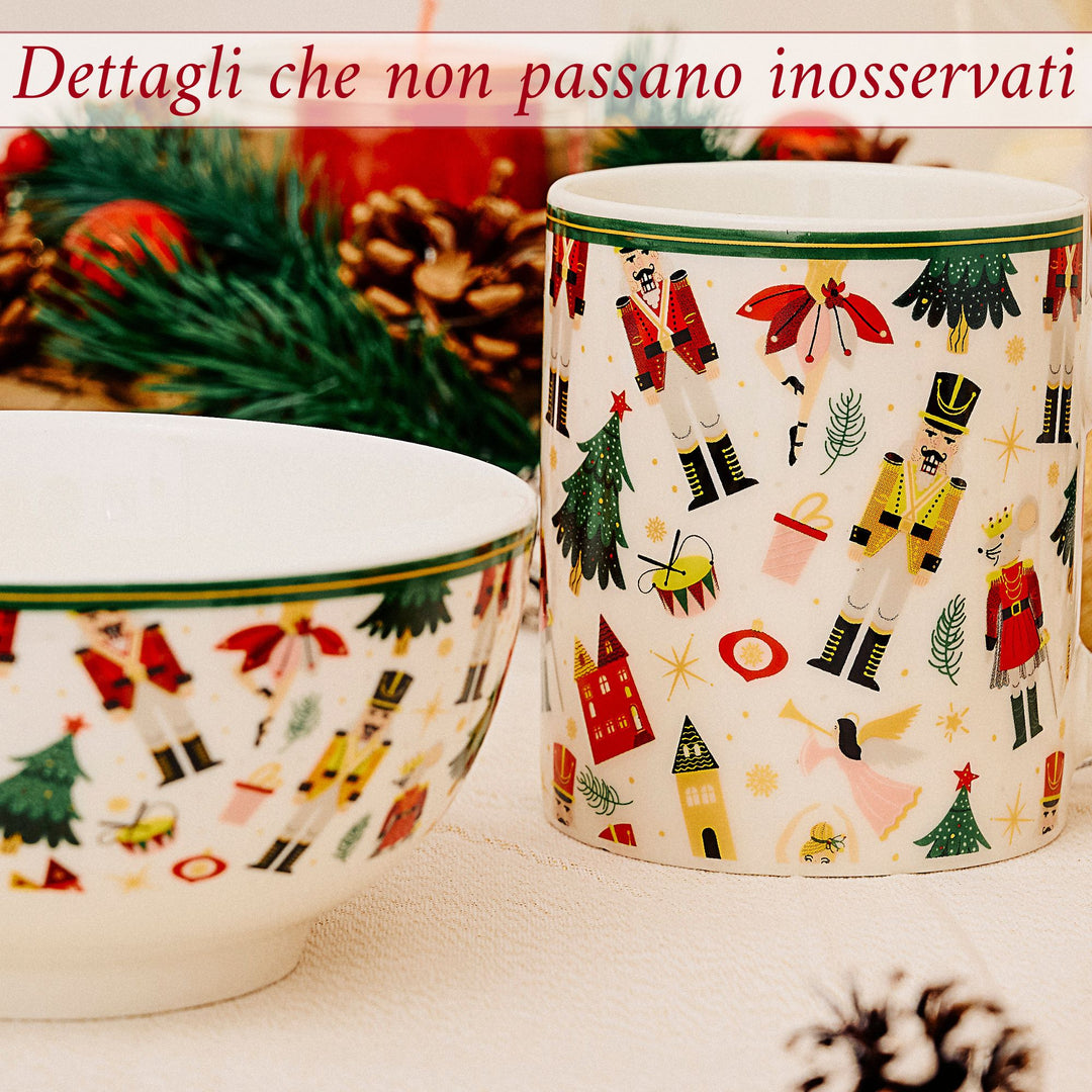 Set 2 Mug + 2 Ciotole 310 ml – Renne e Schiaccianoci | Colazioni in Festa