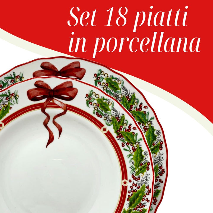 Servizio piatti natalizi 18 Pezzi, 6 fondi 6 piani 6 piccoli bianchi con fantasia natale fiocco, porcellana