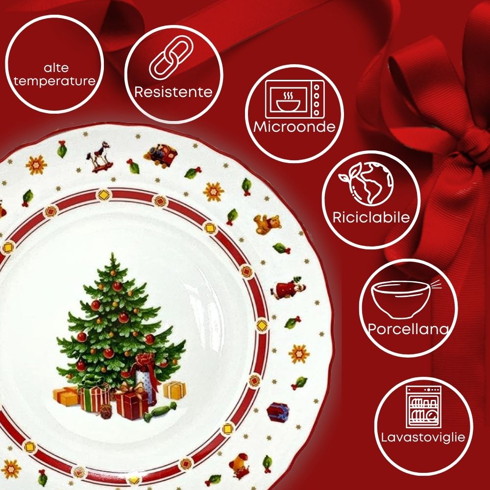 Piatto natalizio albero con regali e decorazione rossa caratteristiche