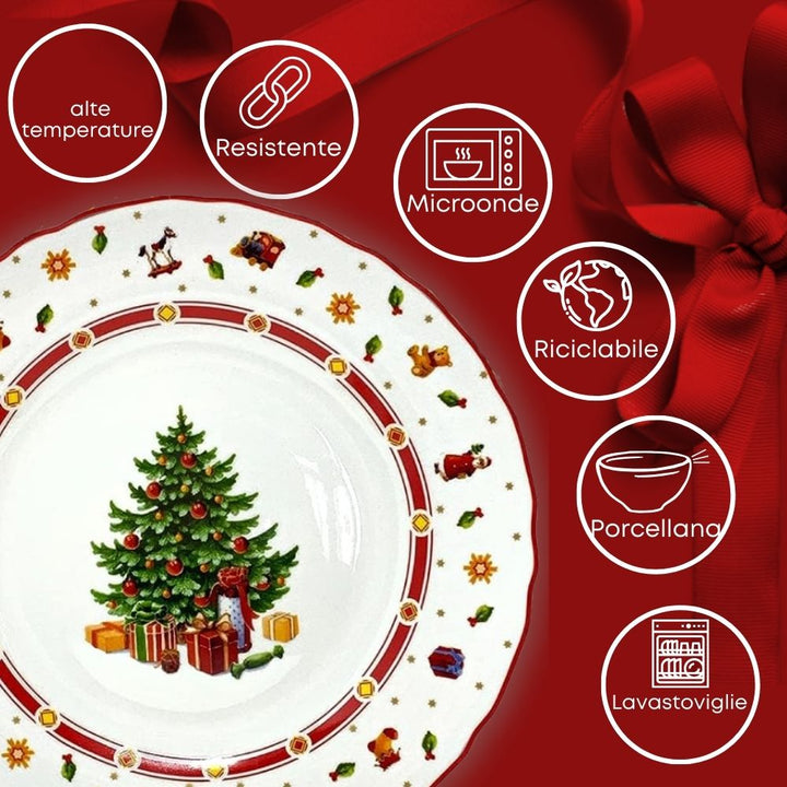 Piatto natalizio albero con regali e decorazione rossa caratteristiche
