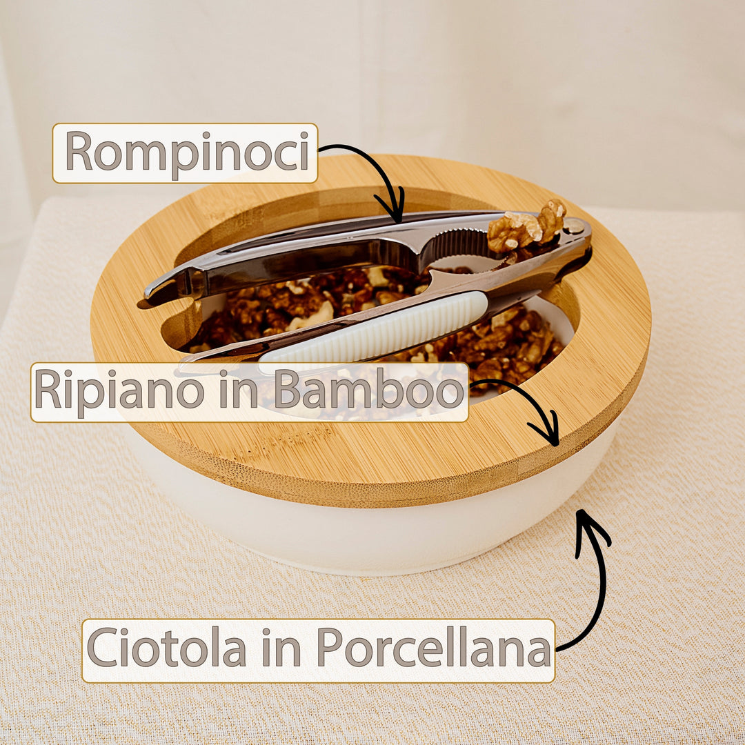 NAMAI - Set di Porta Noci e Schiaccianoci per Noci, 19,5 CM Diametro x 7 CM Altezza, Eleganza Moderna, Porcellana, Adatti In Lavastoviglie, Schiaccia Noci, Idea Regalo (Ciotola + Schiaccianoci)