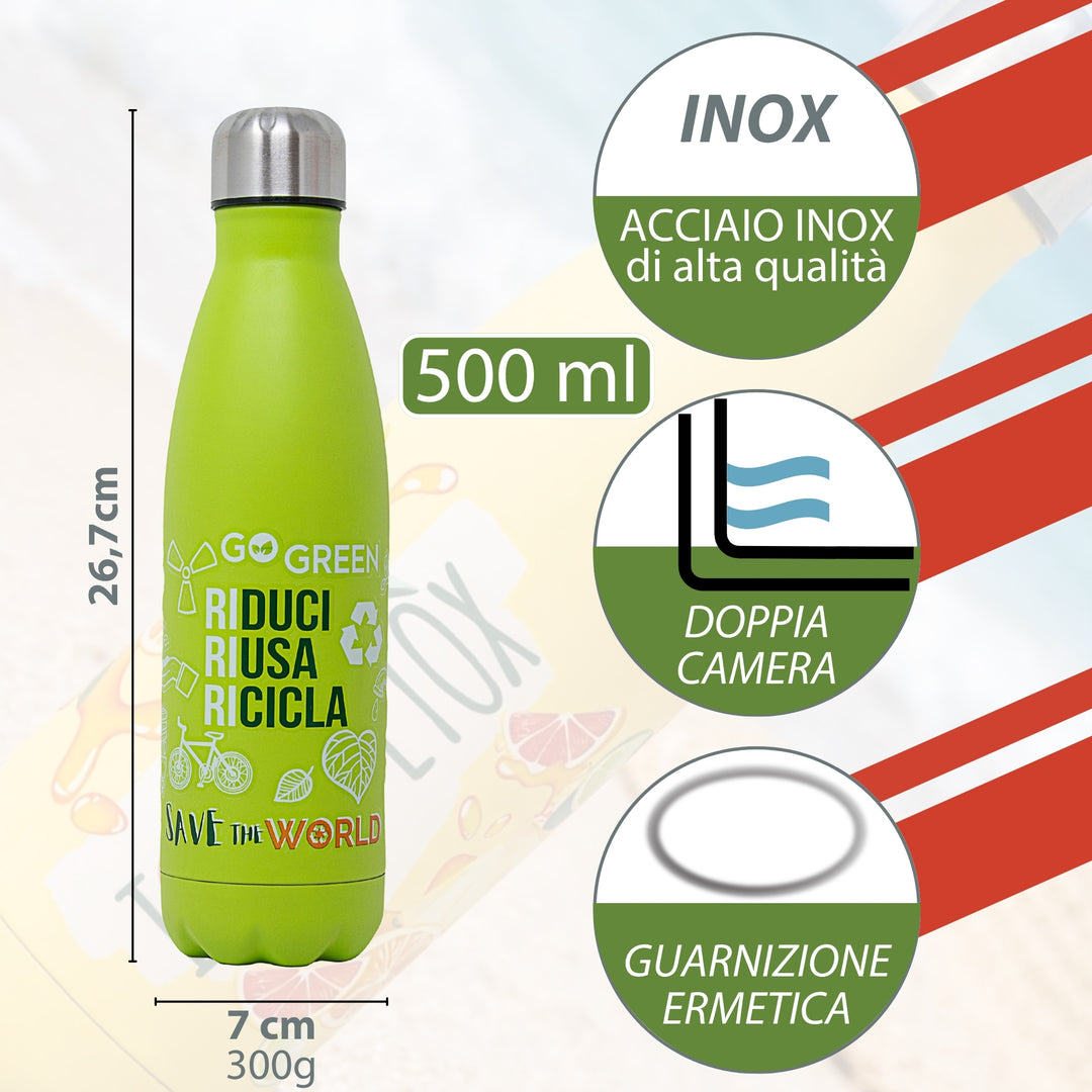 NAMAI - Borraccia Termica 500 ML, Acciaio Inox, Adatta In Lavastoviglie, Chiusura Ermetica Sicura, Stile e Benessere, Bottiglia Termica, Idea Regalo (Verde)