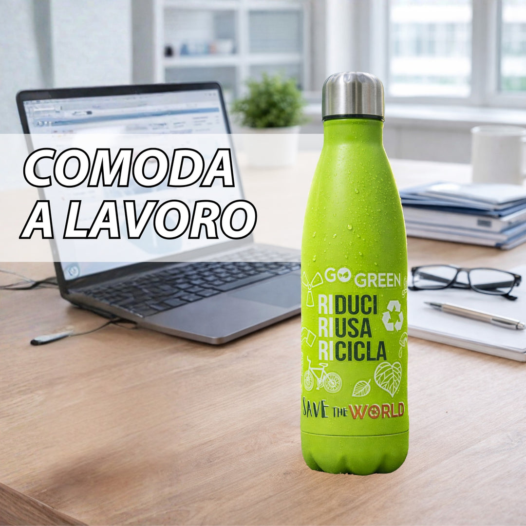 NAMAI - Borraccia Termica 500 ML, Acciaio Inox, Adatta In Lavastoviglie, Chiusura Ermetica Sicura, Stile e Benessere, Bottiglia Termica, Idea Regalo (Verde)