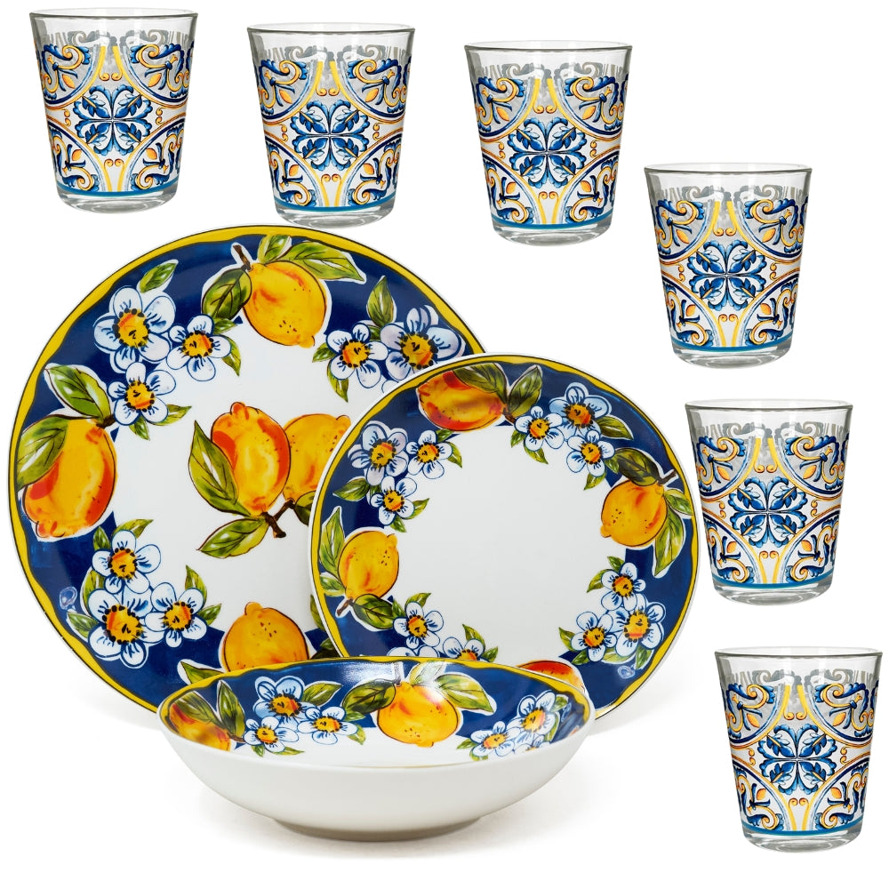 Bundle Servizio Piatti + Bicchieri in Porcellana 6 Persone 24 Pezzi - Set Piatti 18 Pezzi + 6 Bicchieri - Amalfi