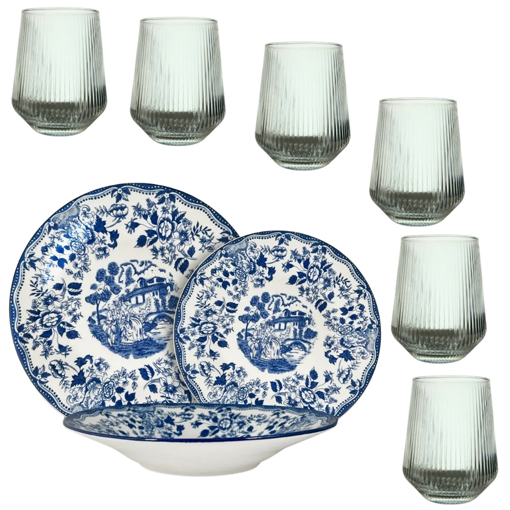 Servizio Piatti in Porcellana 6 Persone - Set Piatti 18 Pezzi - Inglese Blu