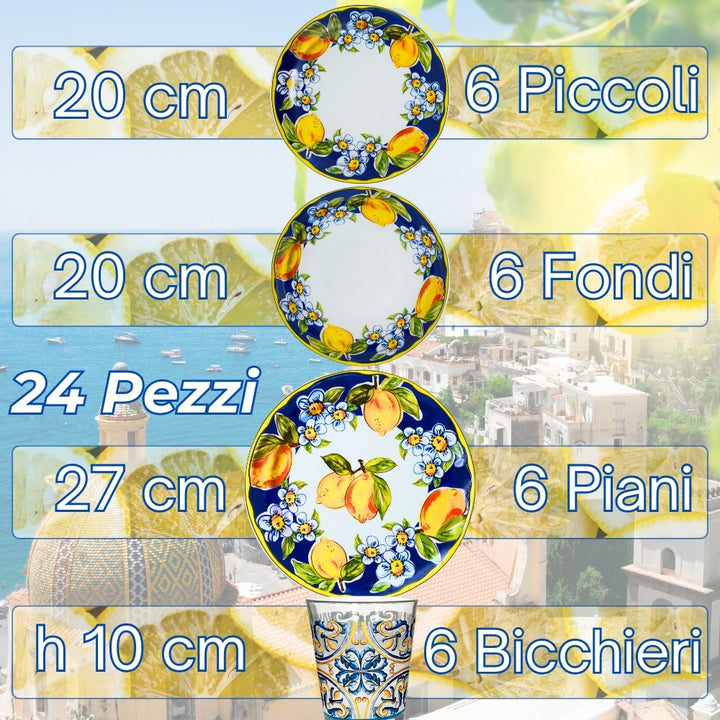 Bundle Servizio Piatti + Bicchieri in Porcellana 6 Persone 24 Pezzi - Set Piatti 18 Pezzi + 6 Bicchieri - Amalfi