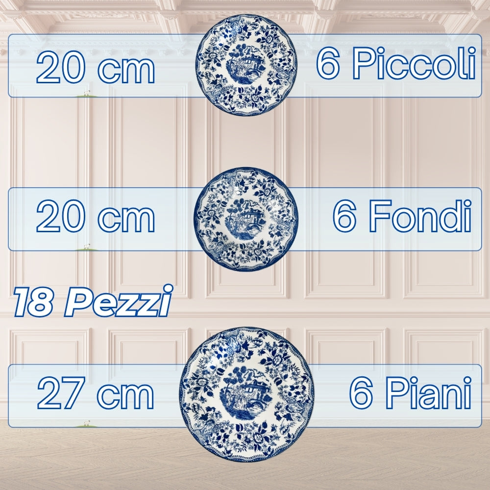 Servizio Piatti in Porcellana 6 Persone - Set Piatti 18 Pezzi - Inglese Blu