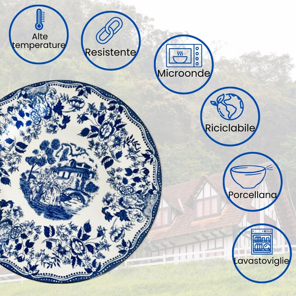 Servizio Piatti in Porcellana 6 Persone - Set Piatti 18 Pezzi - Inglese Blu