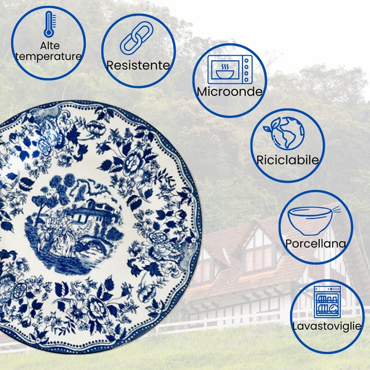 Servizio Piatti in Porcellana 6 Persone - Set Piatti 18 Pezzi - Inglese Blu
