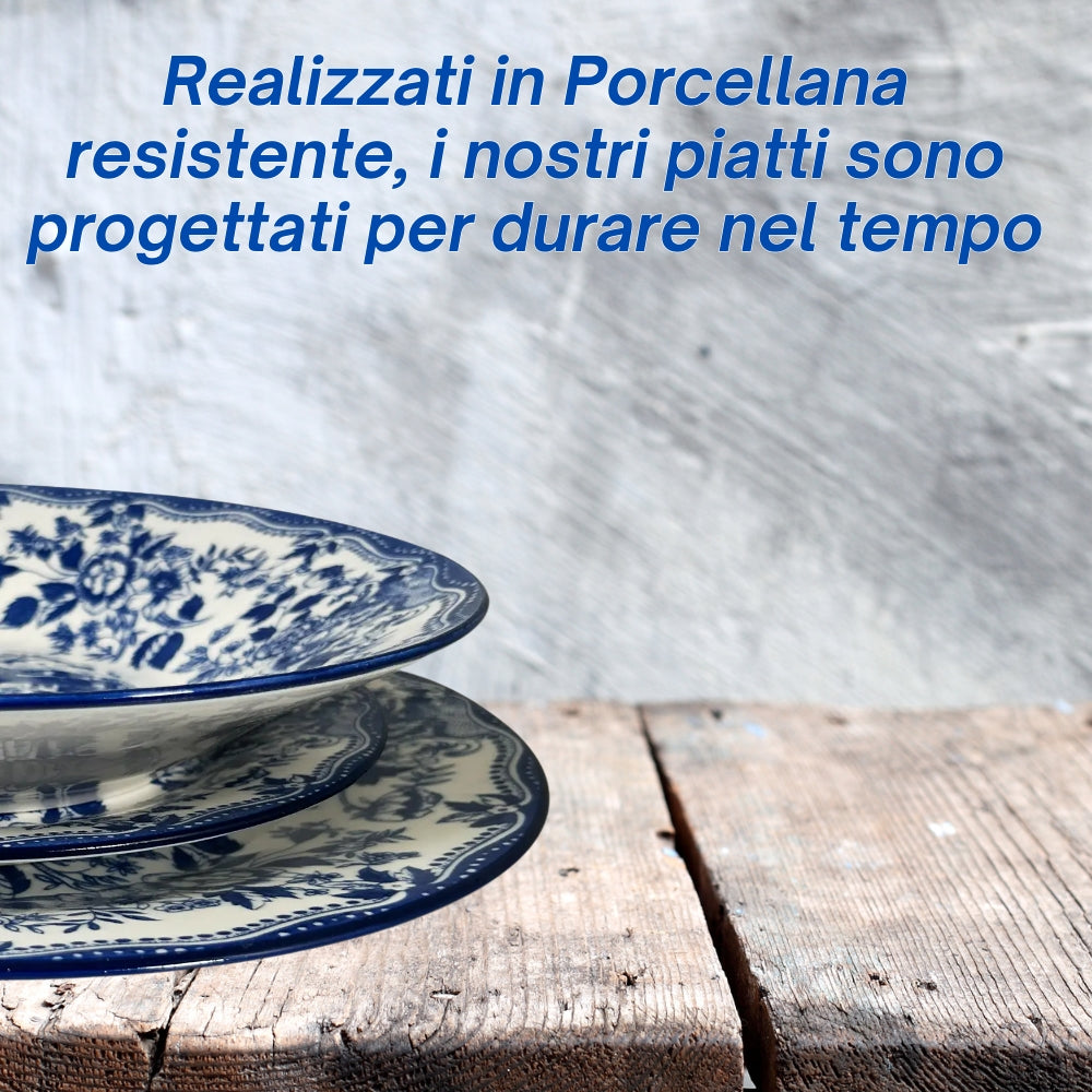 Servizio Piatti in Porcellana 6 Persone - Set Piatti 18 Pezzi - Inglese Blu