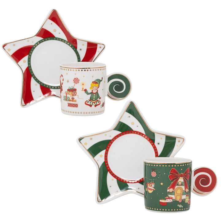 Set 2 Tazzine Caffè 50 ml con Piattino Stella - ElfoMagia | Magia di Natale