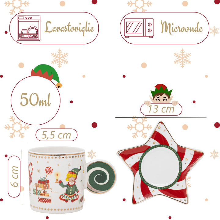 Set 2 Tazzine Caffè 50 ml con Piattino Stella - ElfoMagia | Magia di Natale
