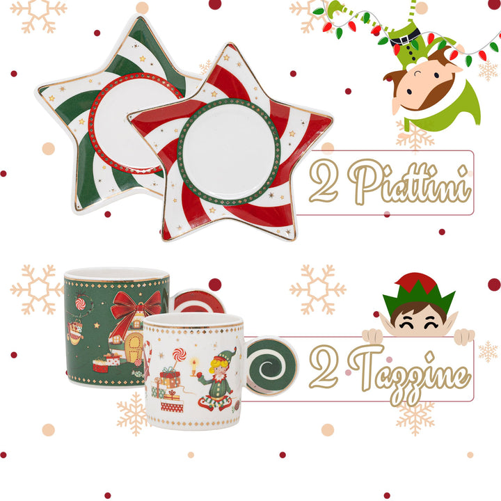 Set 2 Tazzine Caffè 50 ml con Piattino Stella - ElfoMagia | Magia di Natale
