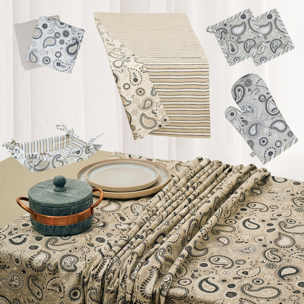 Set 8 Pezzi Shanti, 100% Cotone, Lavabili in Lavatrice, Resistenti al Calore, Tovaglia Cotone, Runner Tavolo, Set Presine da Cucina e Strofinacci