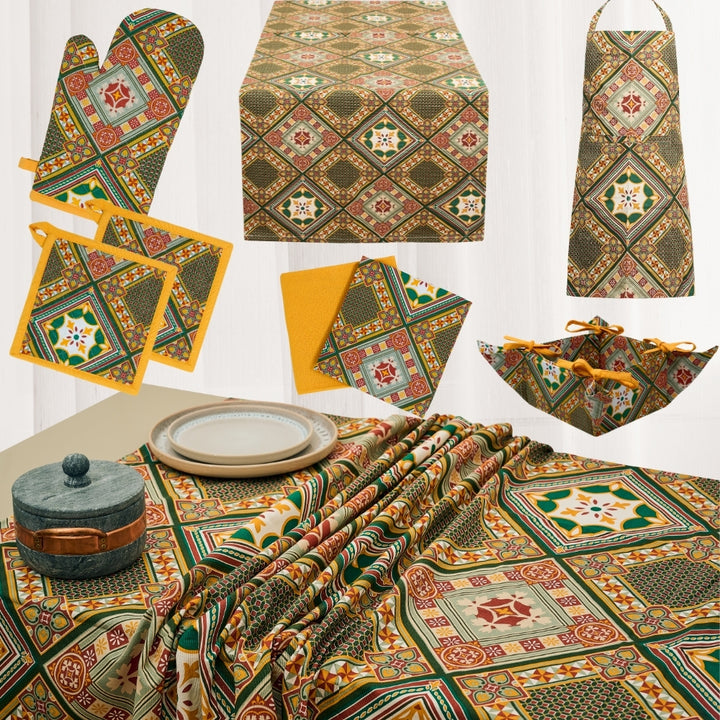 Set 9 Pezzi Cementine Rosso, 100% Cotone, Lavabili in Lavatrice, Resistenti al Calore, Tovaglia Cotone, Runner Tavolo, Set Presine da Cucina e Strofinacci