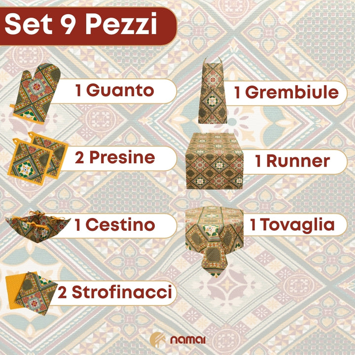 Set 9 Pezzi Cementine Rosso, 100% Cotone, Lavabili in Lavatrice, Resistenti al Calore, Tovaglia Cotone, Runner Tavolo, Set Presine da Cucina e Strofinacci