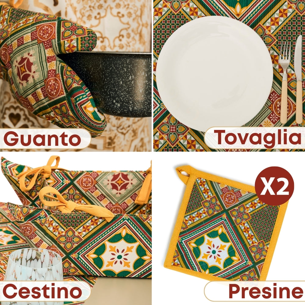 Set 9 Pezzi Cementine Rosso, 100% Cotone, Lavabili in Lavatrice, Resistenti al Calore, Tovaglia Cotone, Runner Tavolo, Set Presine da Cucina e Strofinacci