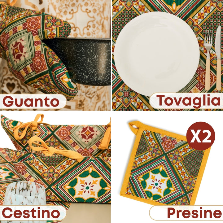 Set 9 Pezzi Cementine Rosso, 100% Cotone, Lavabili in Lavatrice, Resistenti al Calore, Tovaglia Cotone, Runner Tavolo, Set Presine da Cucina e Strofinacci