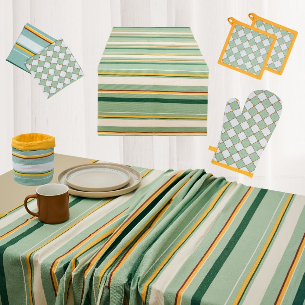 Set 8 Pezzi Cementine Righe, 100% Cotone, Lavabili in Lavatrice, Resistenti al Calore, Tovaglia Cotone, Runner Tavolo, Set Presine da Cucina e Strofinacci