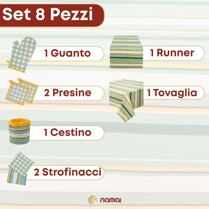 Set 8 Pezzi Cementine Righe, 100% Cotone, Lavabili in Lavatrice, Resistenti al Calore, Tovaglia Cotone, Runner Tavolo, Set Presine da Cucina e Strofinacci