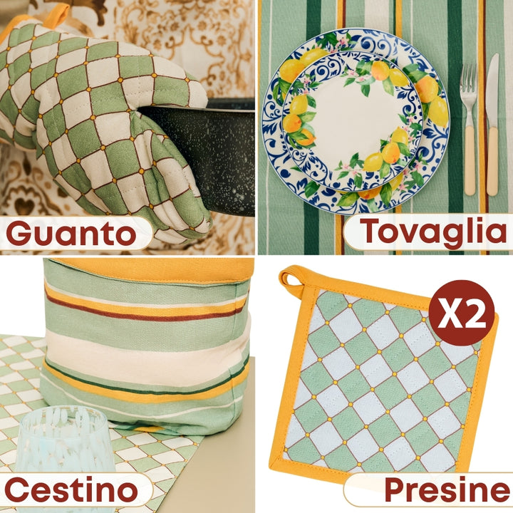 Set 8 Pezzi Cementine Righe, 100% Cotone, Lavabili in Lavatrice, Resistenti al Calore, Tovaglia Cotone, Runner Tavolo, Set Presine da Cucina e Strofinacci