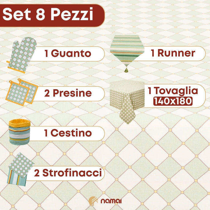 Set 8 Pezzi Cementine Rombi, 100% Cotone, Lavabili in Lavatrice, Resistenti al Calore, Tovaglia Cotone, Runner Tavolo, Set Presine da Cucina e Strofinacci