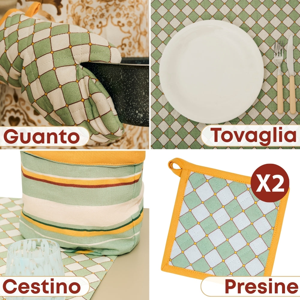 Set 8 Pezzi Cementine Rombi, 100% Cotone, Lavabili in Lavatrice, Resistenti al Calore, Tovaglia Cotone, Runner Tavolo, Set Presine da Cucina e Strofinacci