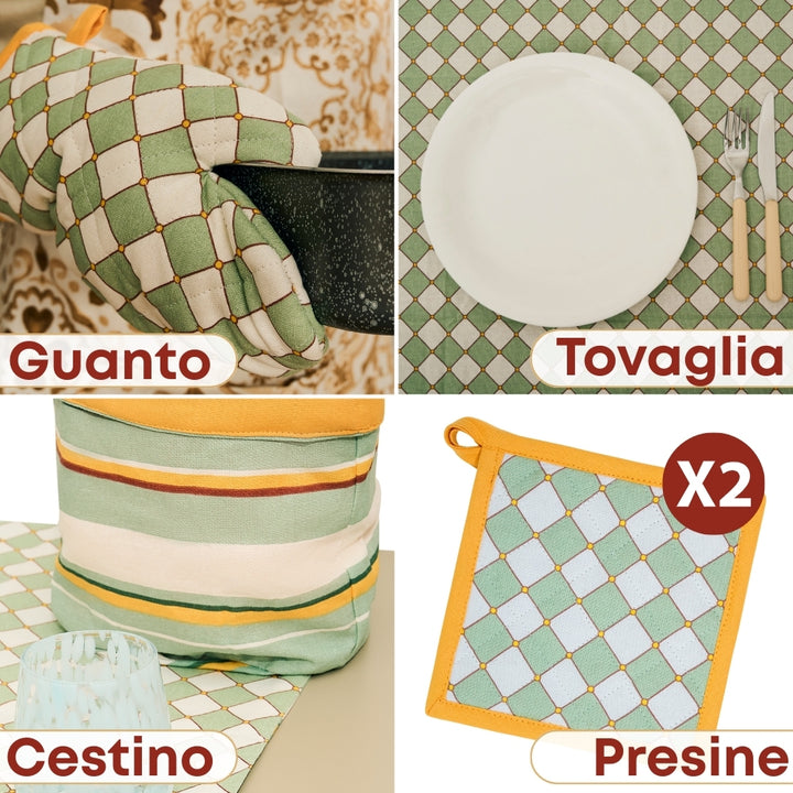 Set 8 Pezzi Cementine Rombi, 100% Cotone, Lavabili in Lavatrice, Resistenti al Calore, Tovaglia Cotone, Runner Tavolo, Set Presine da Cucina e Strofinacci