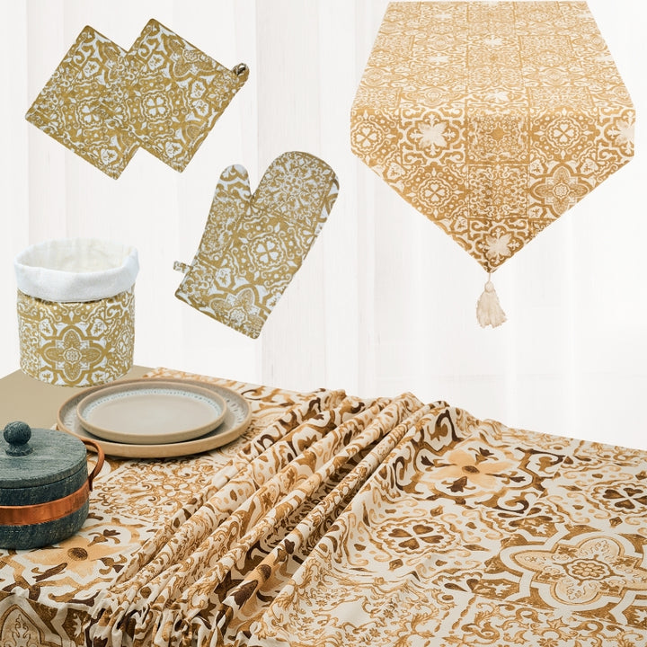 Set 6 Pezzi Excalibur Oro, 100% Cotone, Lavabili in Lavatrice, Resistenti al Calore, Tovaglia Cotone, Runner Tavolo, Presine da Cucina, Guanti Forno
