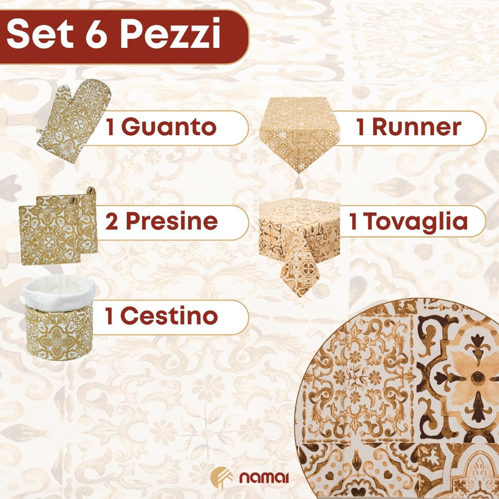 Set 6 Pezzi Excalibur Oro, 100% Cotone, Lavabili in Lavatrice, Resistenti al Calore, Tovaglia Cotone, Runner Tavolo, Presine da Cucina, Guanti Forno