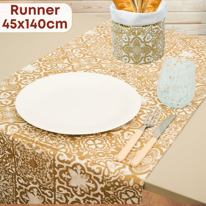 Set 6 Pezzi Excalibur Oro, 100% Cotone, Lavabili in Lavatrice, Resistenti al Calore, Tovaglia Cotone, Runner Tavolo, Presine da Cucina, Guanti Forno