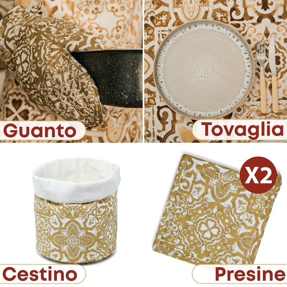 Set 6 Pezzi Excalibur Oro, 100% Cotone, Lavabili in Lavatrice, Resistenti al Calore, Tovaglia Cotone, Runner Tavolo, Presine da Cucina, Guanti Forno