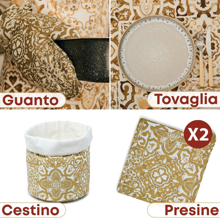 Set 6 Pezzi Excalibur Oro, 100% Cotone, Lavabili in Lavatrice, Resistenti al Calore, Tovaglia Cotone, Runner Tavolo, Presine da Cucina, Guanti Forno