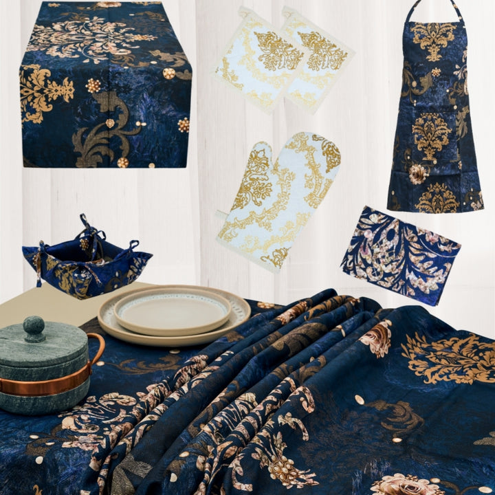 Set 8 Pezzi Danubio Blu, 100% Cotone, Lavabili in Lavatrice, Resistenti al Calore, Tovaglia Cotone, Runner Tavolo, Set Presine da Cucina e Strofinacci
